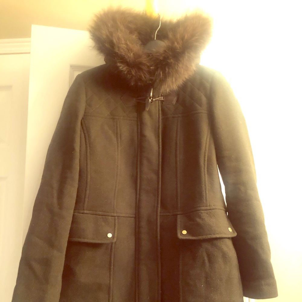 Ellen Tracy Olive Toggle Coat with Fox Fur Trim